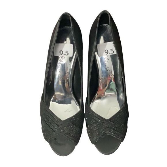 easy street Shoes - Easy Street Alive 5 Black Satin Glitter Peep Toe Womens Pumps Party Size 9.5 NEW